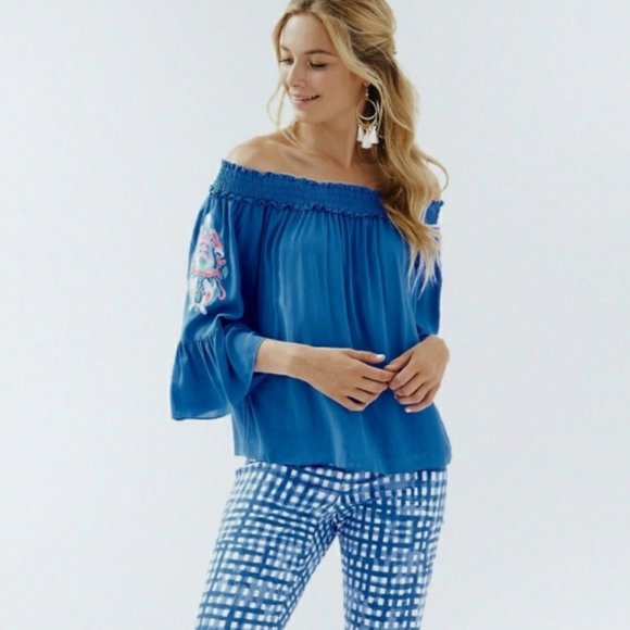 Lilly Pulitzer Tops - Lilly Pulitzer Moira Off The Shoulder Bennet Top XS Embroidered Bell Sleeve BOHO